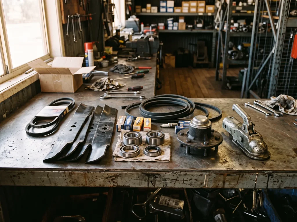 Mower blades, belts, trailer bearings and a coupling laid out on a bench