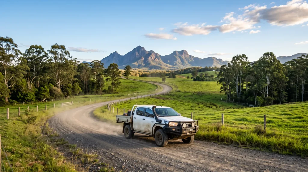 Dusty ute on a gravel road with Scenic Rim peaks behind
